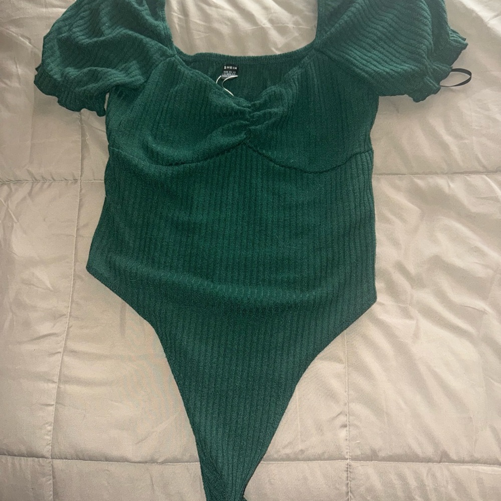 SHEIN Dark Green Ribbed Puff-Sleeve Bodysuit